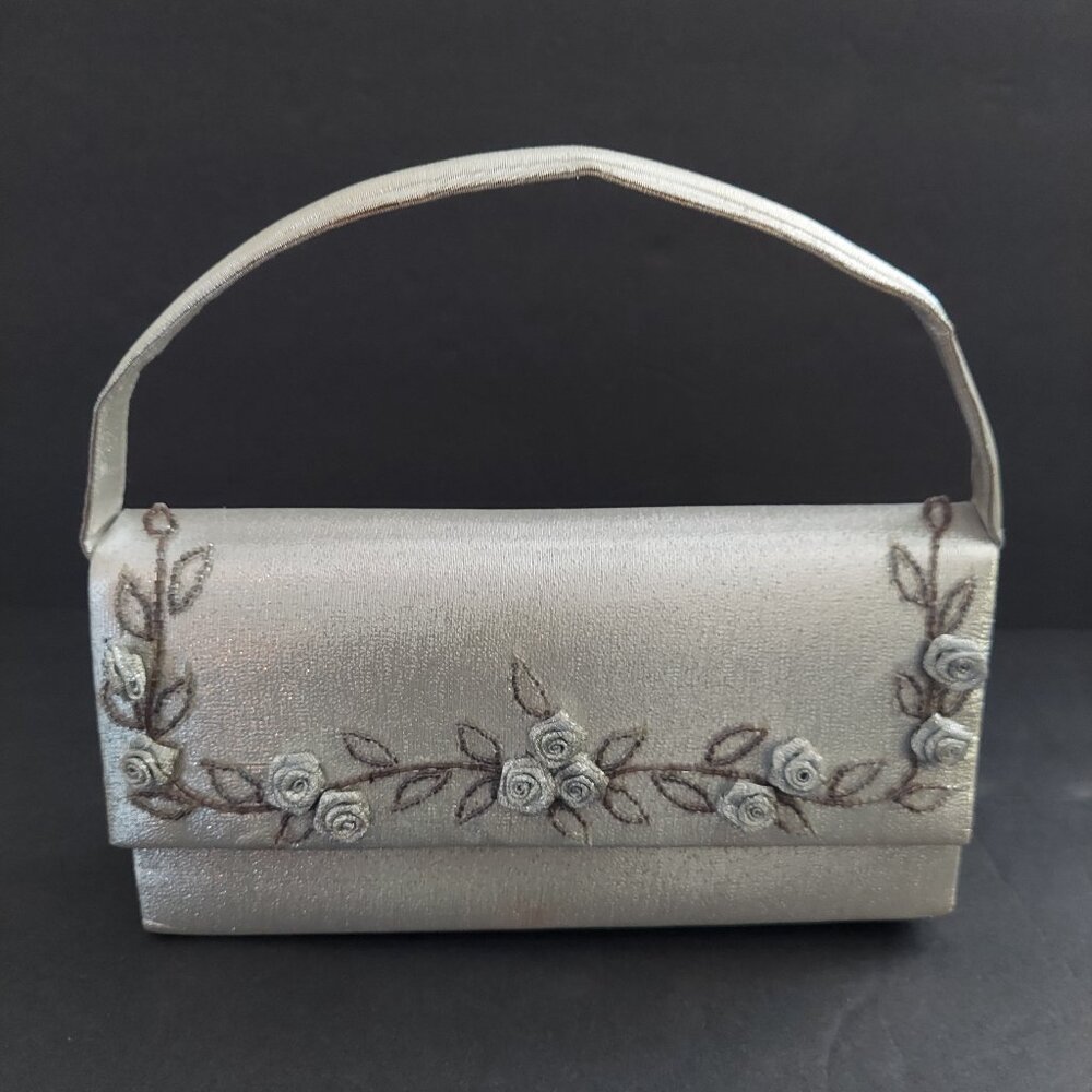 Silver Evening Bag Satin-Like Fabric w/ Flowers & Handle + Braided Strap